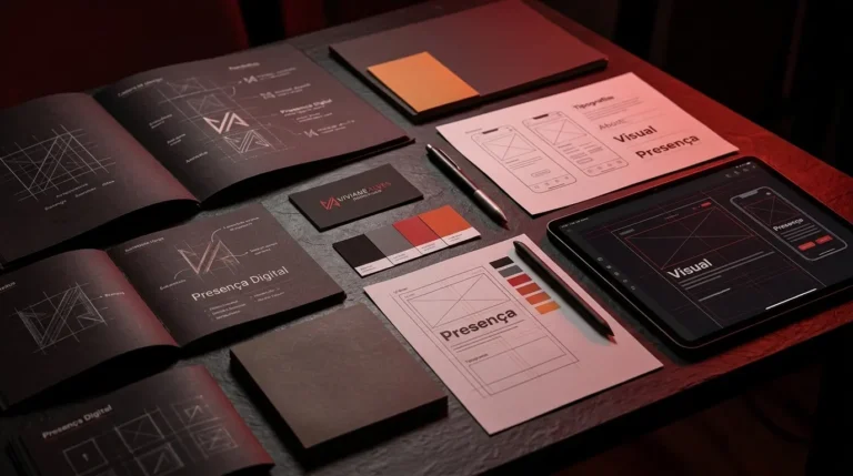 Mesa de trabalho com materiais de design visual, incluindo cadernos de esboços da marca Viviane Alves, cartões de visita, amostras de cores e tablet com wireframes de landing page.
